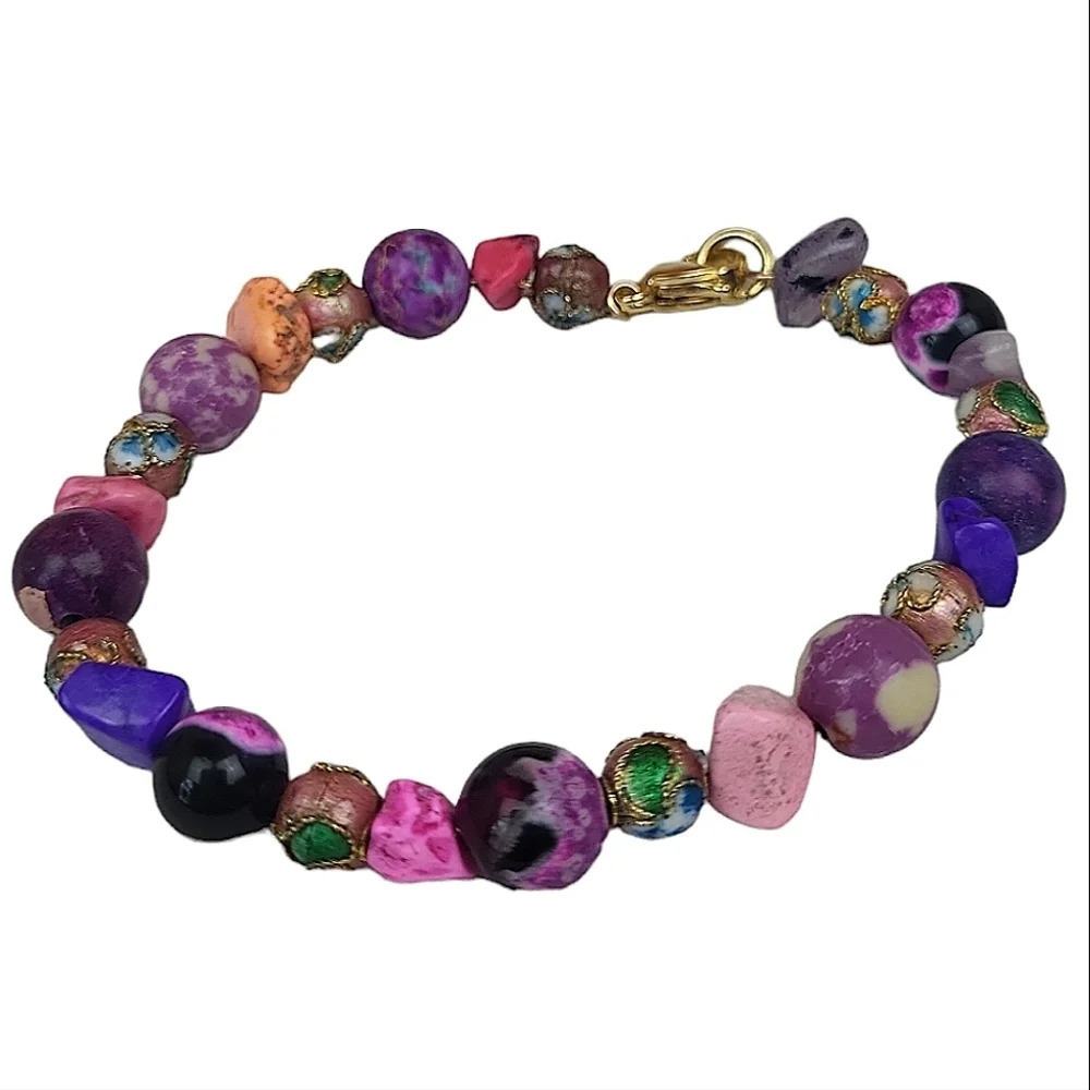 18k Gold Plated Onyx Beads Fuchsia Black Fire Cloisonne Bracelet